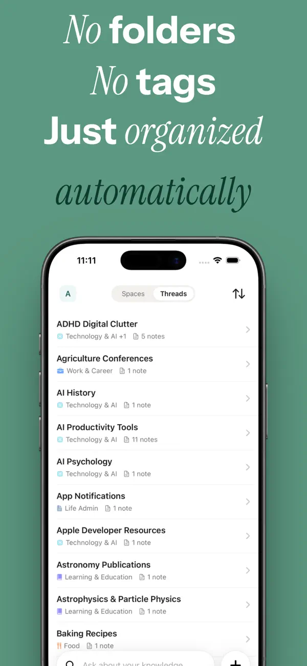 No folders, no tags — Siftlee organizes saved content into Threads automatically