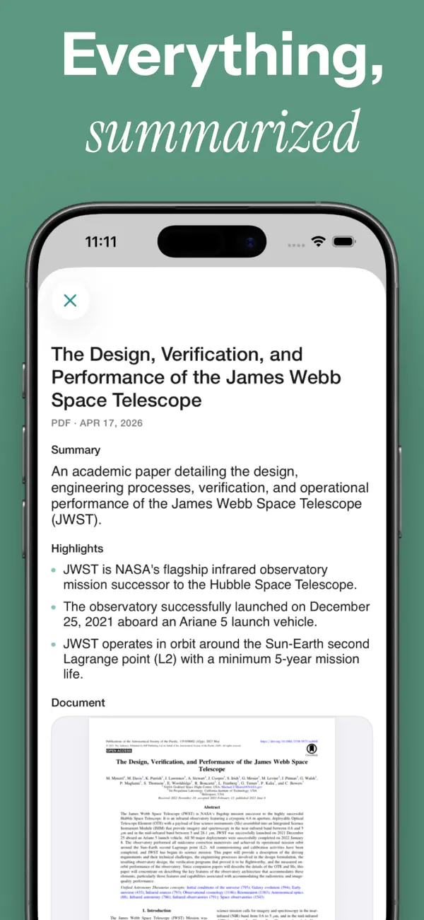 Everything summarized — Siftlee auto-generates a summary and highlights for a saved PDF