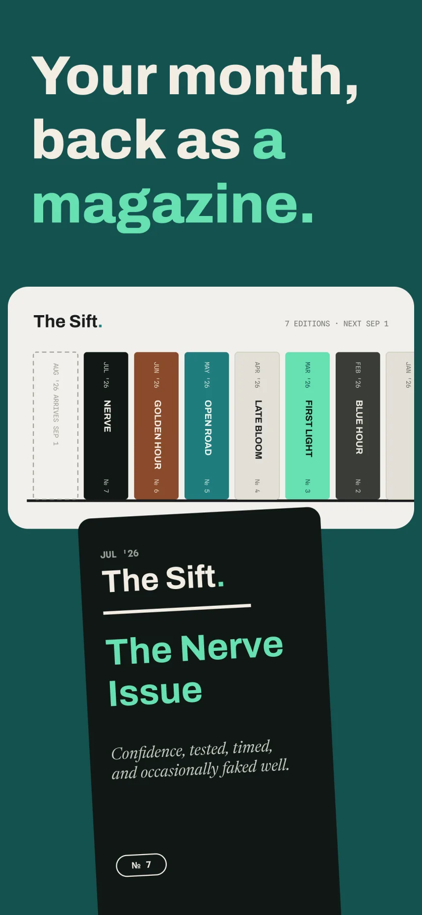 The Sift bookshelf in Siftlee: seven monthly issues as book spines, with the July issue pulled off the shelf