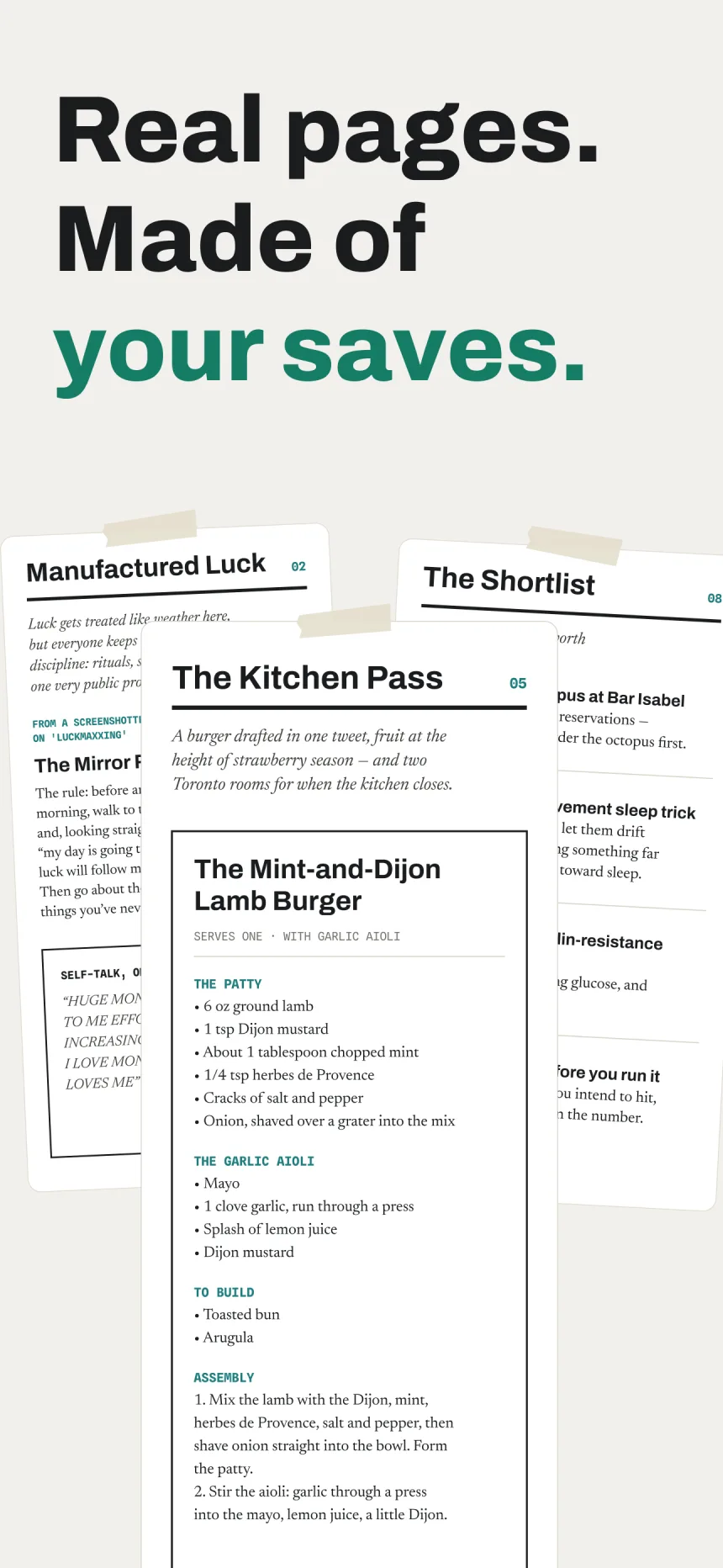Pages from a Sift issue: a recipe card, a department, and the Shortlist, all written from saved items