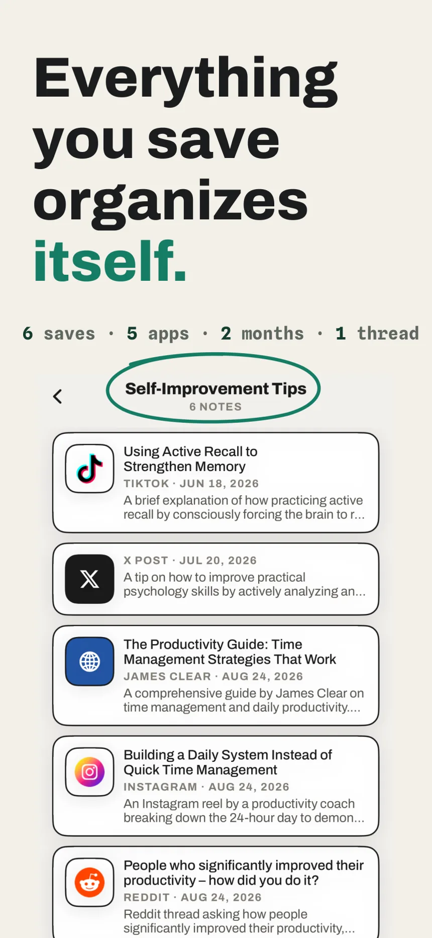 A Siftlee Thread organizing a TikTok, an X post, an article, an Instagram reel, and a Reddit thread into one topic